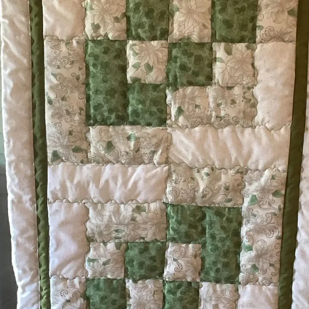 NWT. Hand Crafted Green, White and Silver Quilt